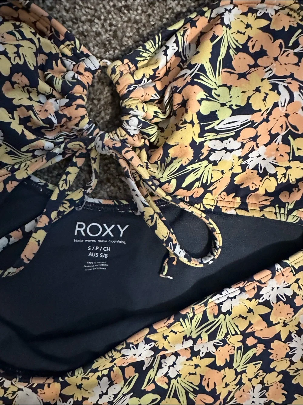 Roxy Floral One Piece Swimsuit Women’s Small Navy Orange Cutout Tie Front Pool